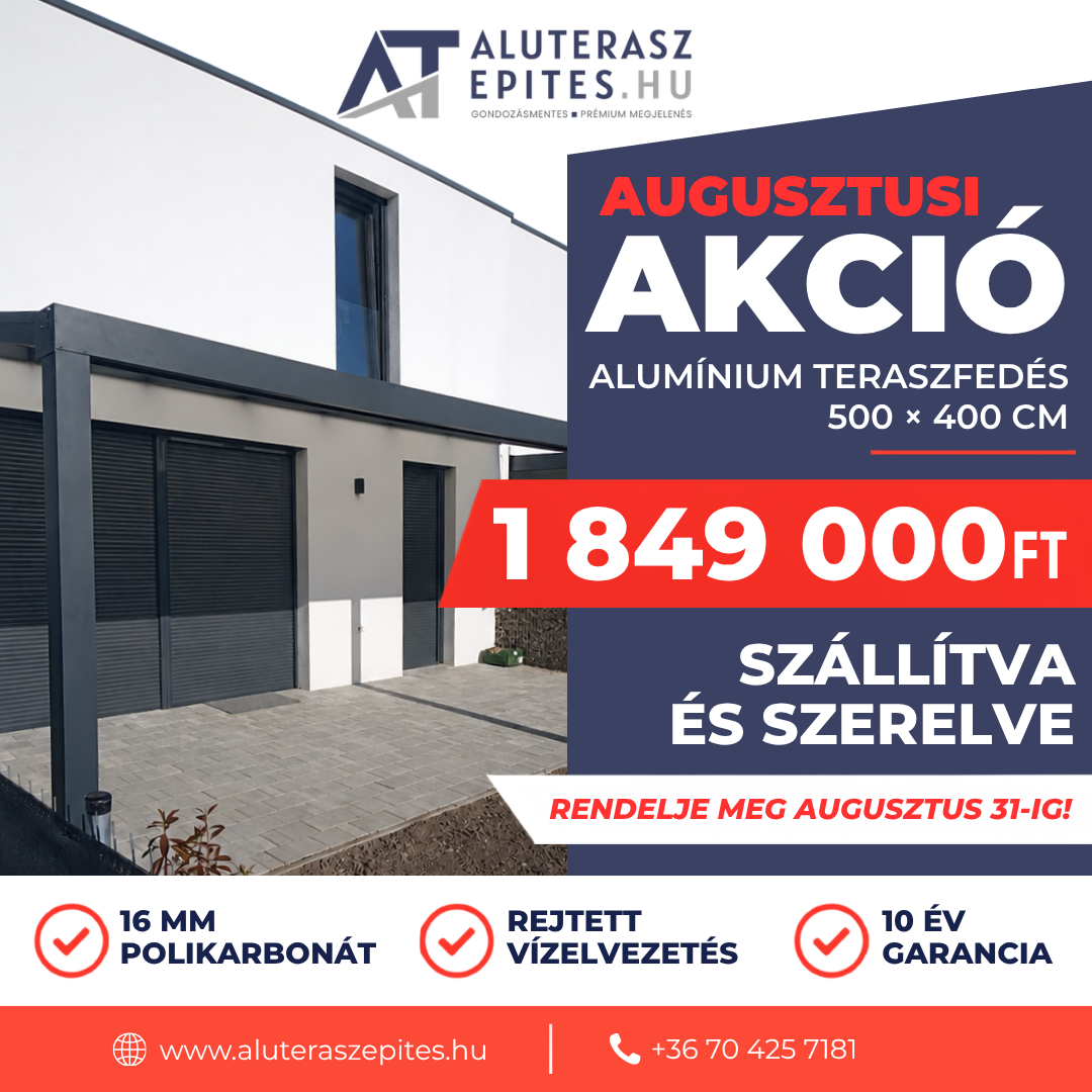 Alumínium teraszfedés akció 500x400 cm – 1 849 000 Ft